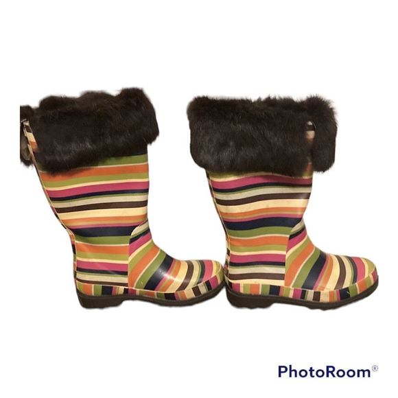 Coach Peony striped rainbow boots with furry top size 7 B. Rubber Rain boots - Picture 1 of 9